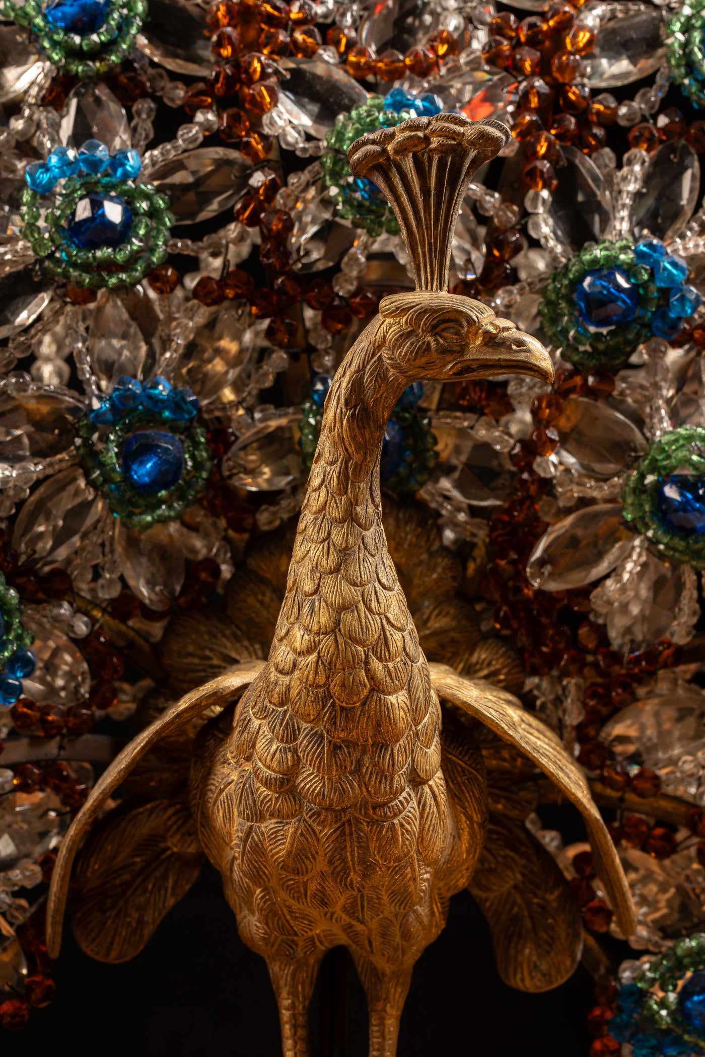 Art Deco Brass Peacock Beaded Glass Lamp