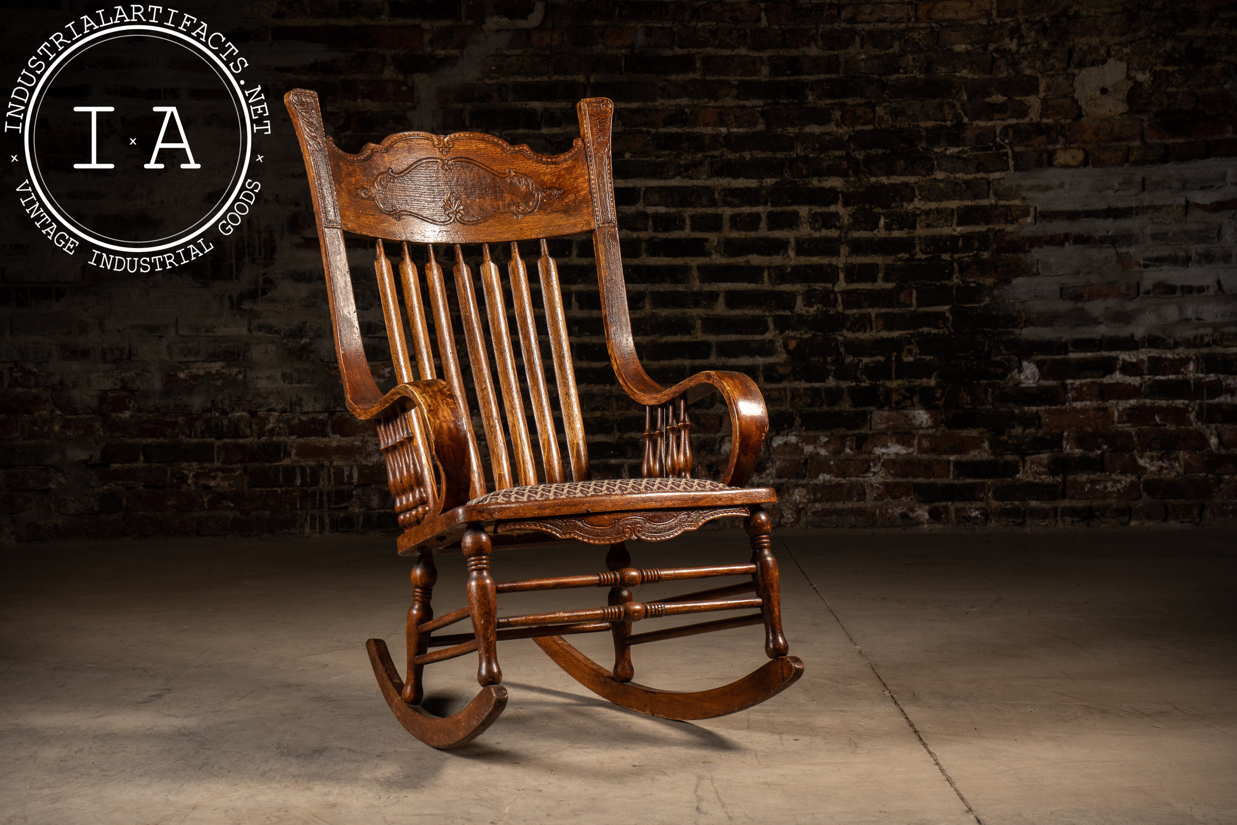 Antique Wood and Upholstery Rocking Chair Industrial Artifacts