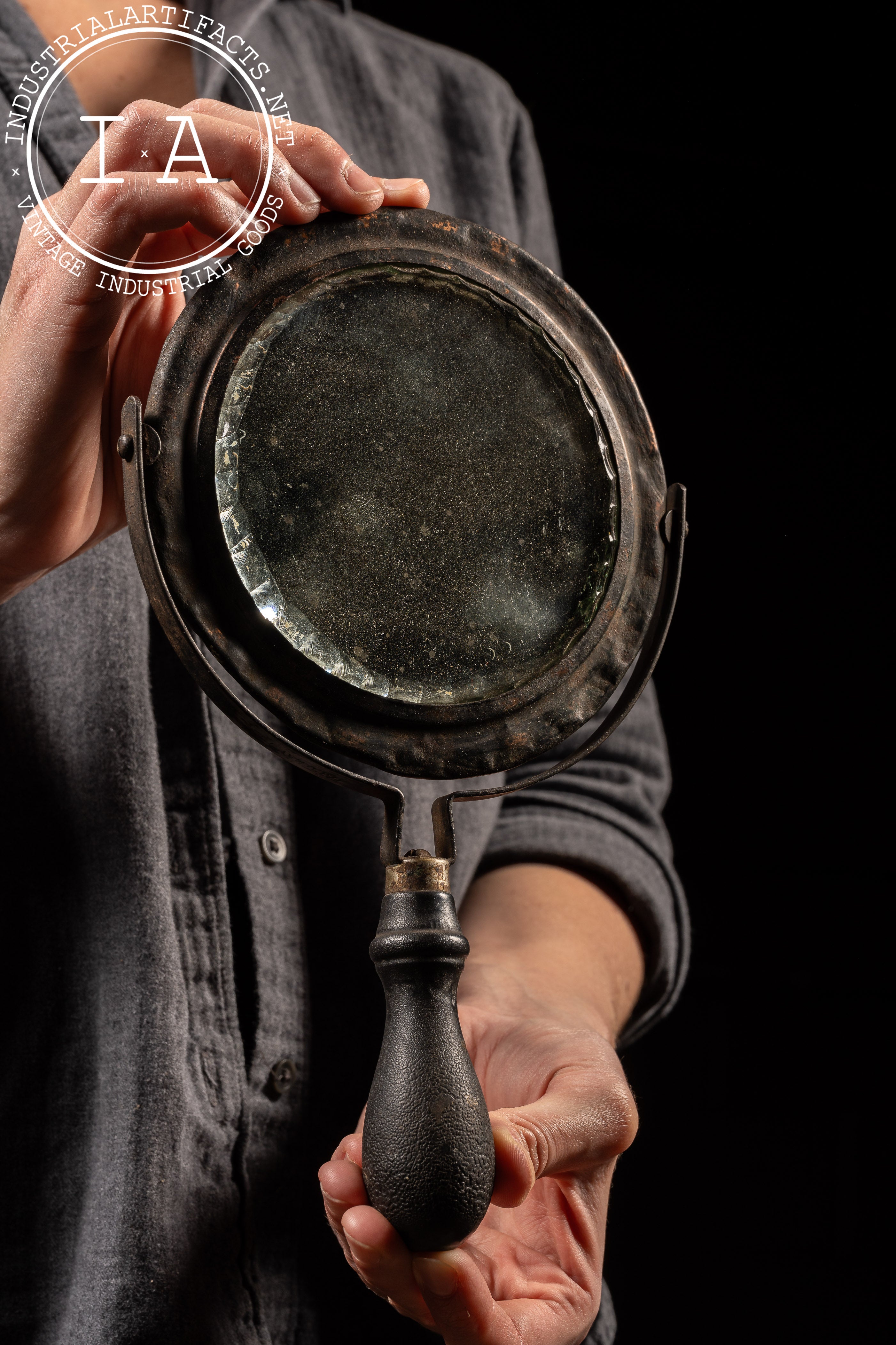 Antique Japanned Copper Hand Mirror Industrial Artifacts