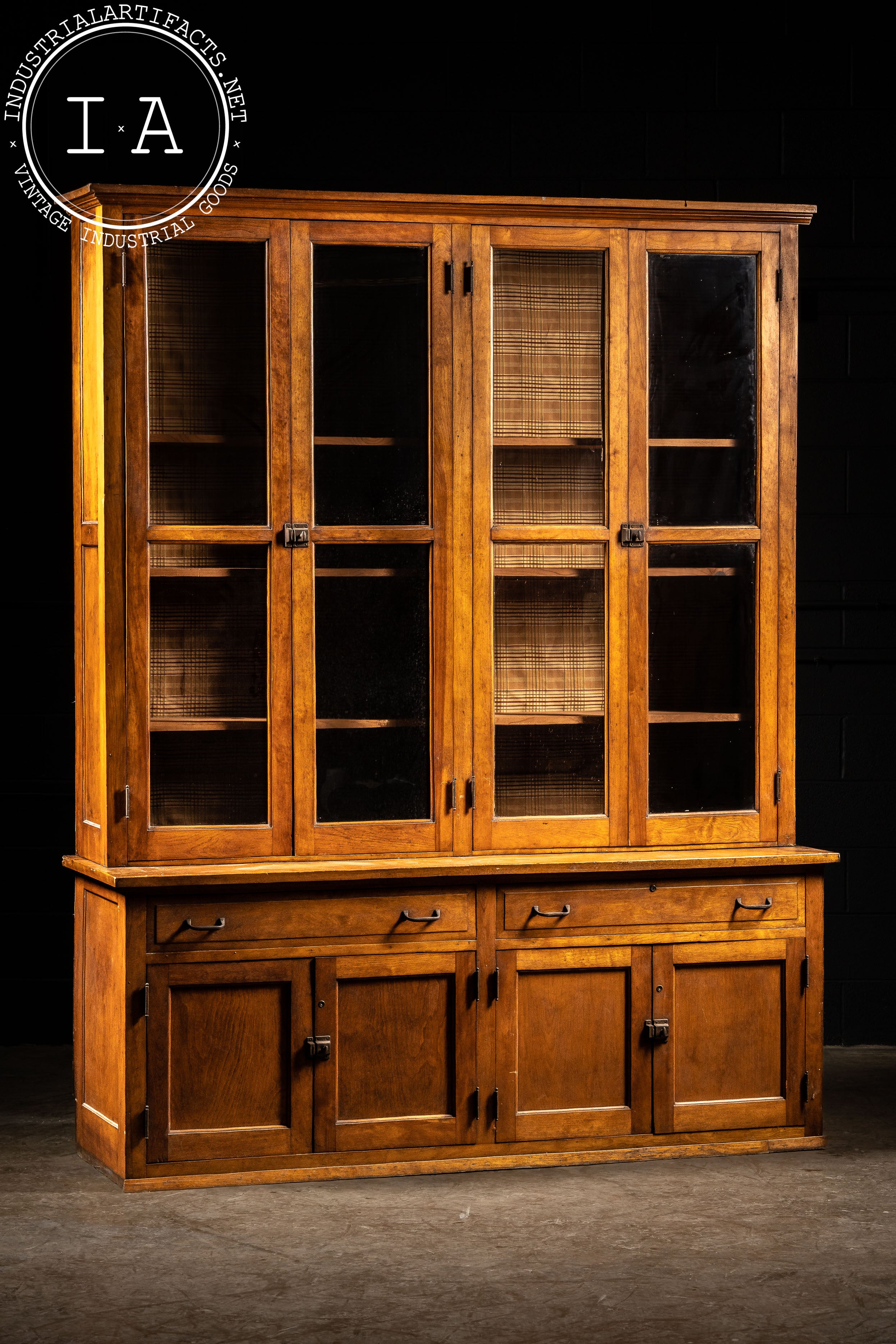 Massive Antique Wooden Hutch with Glass Doors Industrial Artifacts