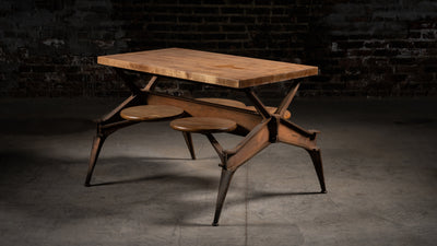 Industrial crank base table with butcher block slab top
