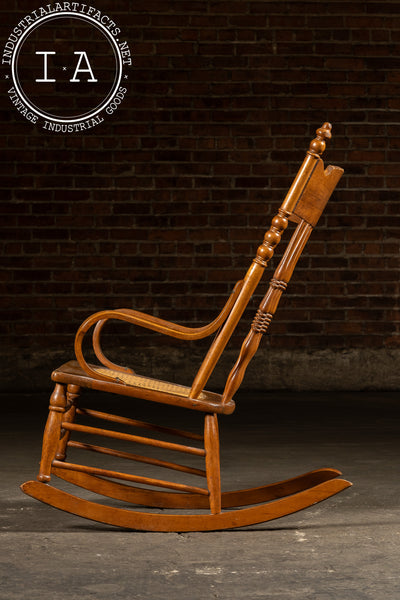 Antique Victorian Press-Back Oak Rocking Chair with Cane Seat