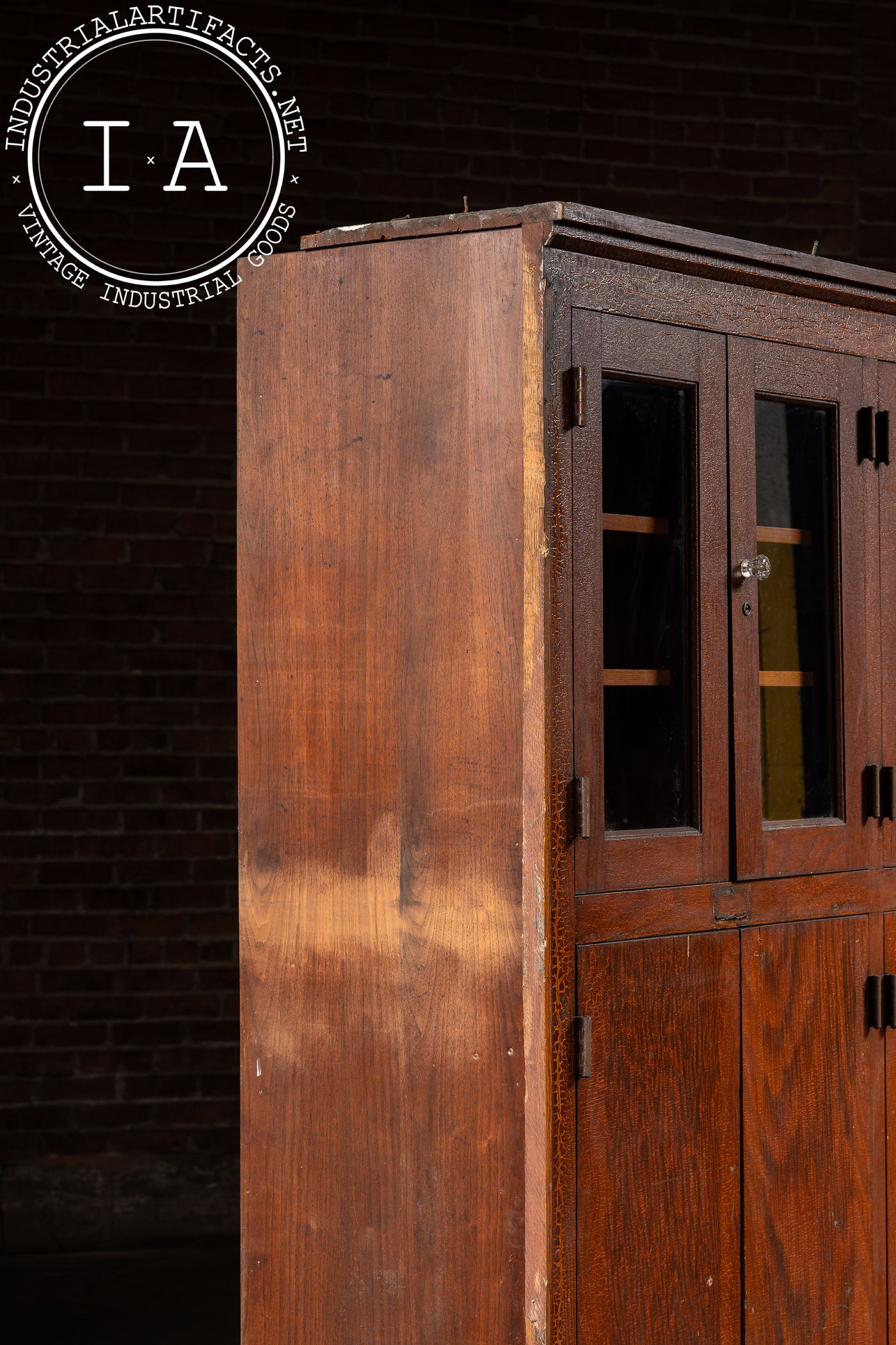 Antique Massive Oak Cabinet with Glass Doors and Interior Cubbies