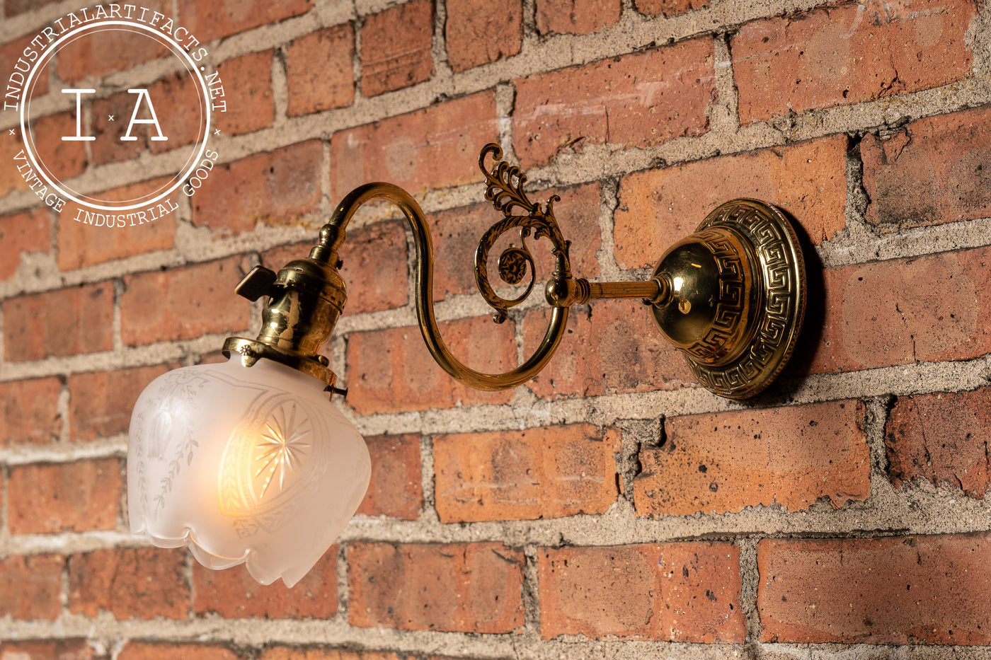 Early 20th Century Brass Wall Sconce with Etched Glass Shade