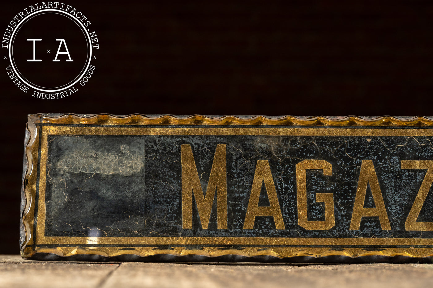Antique Reverse-Foil Scalloped Glass “MAGAZINES” Rack Sign