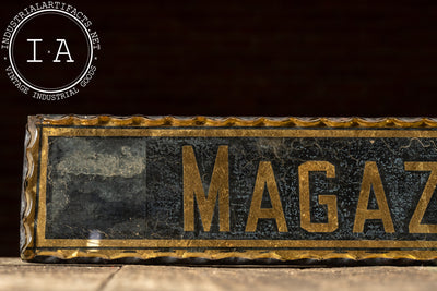 Antique Reverse-Foil Scalloped Glass “MAGAZINES” Rack Sign
