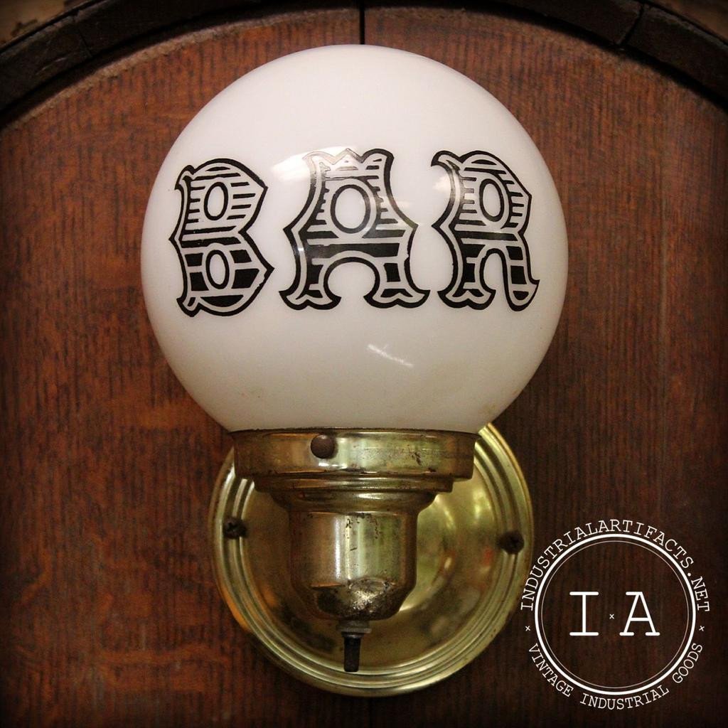 Vintage Barrel-Head “BAR” Wall Sconce with Milk Glass Globe