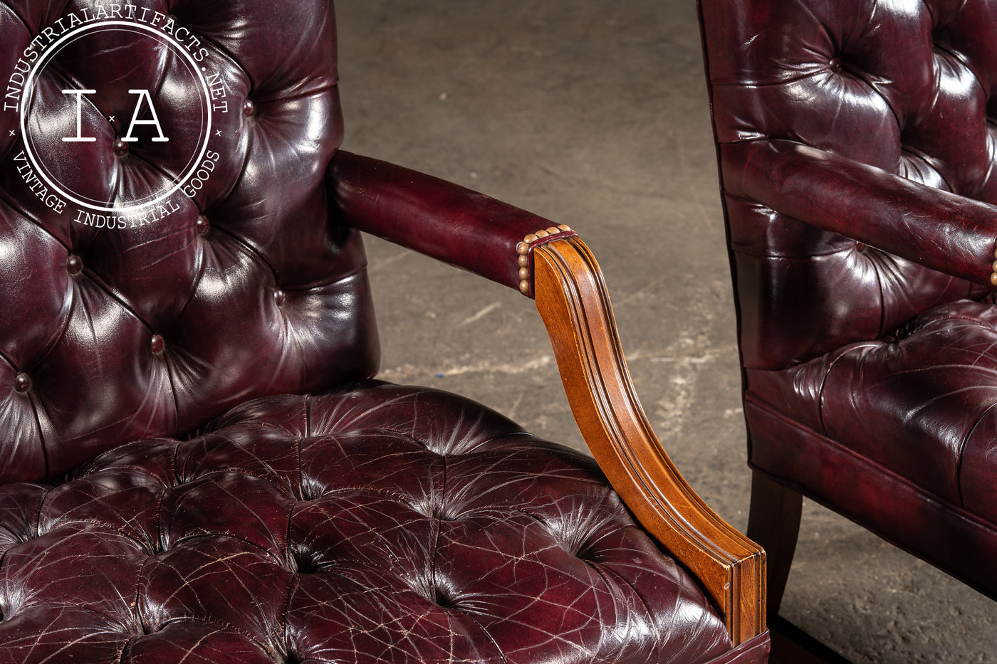 Pair of Tufted Leather Square-Back Dining Chairs in Oxblood