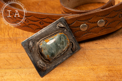 Vintage Embossed Leather Belt with Sterling and Agate Buckle