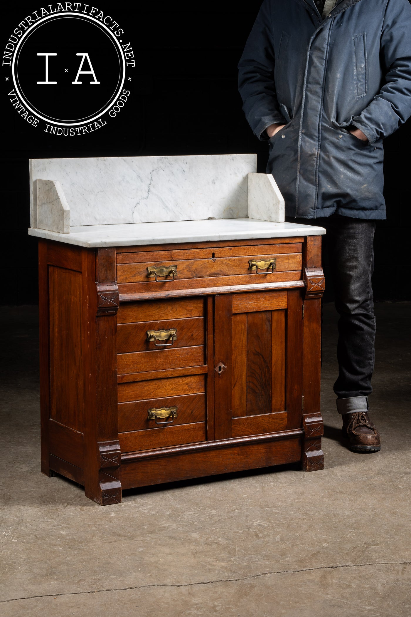 Late 19th Century Eastlake Victorian Walnut Commode Wash Stand with Marble Top