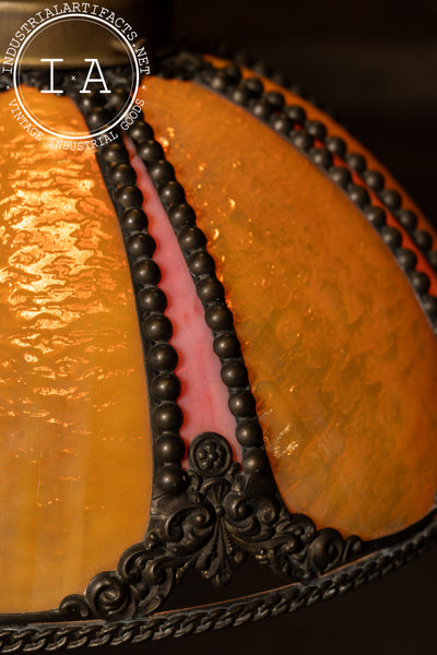 Antique Amber and Rose Stained Slag Glass Hanging Lamp