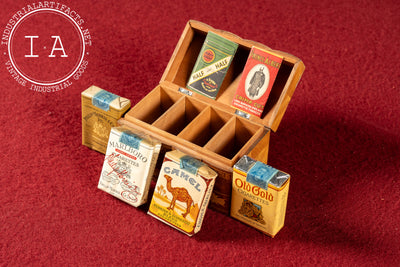 Vintage Hinged Wooden Cigarette Box with Contents