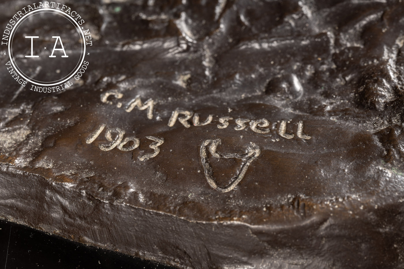 Smokin' Up | 1903 C. M. Russel Bronze Statue on Plaque, Signed and Dated