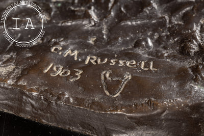 Smokin' Up | 1903 C. M. Russel Bronze Statue on Plaque, Signed and Dated