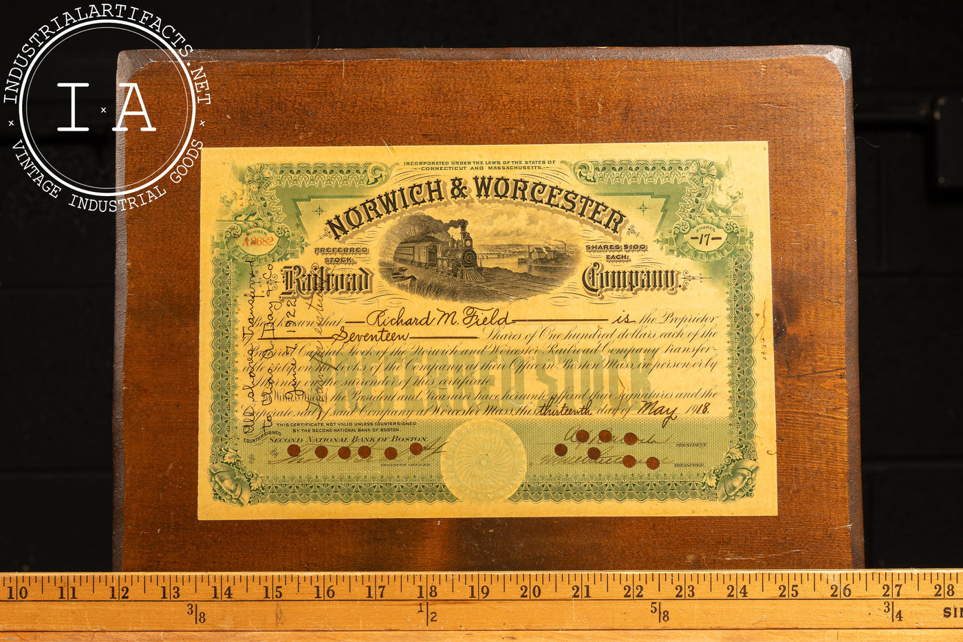 Early 20th Century Mounted Norwich & Worcester Stock Certificate