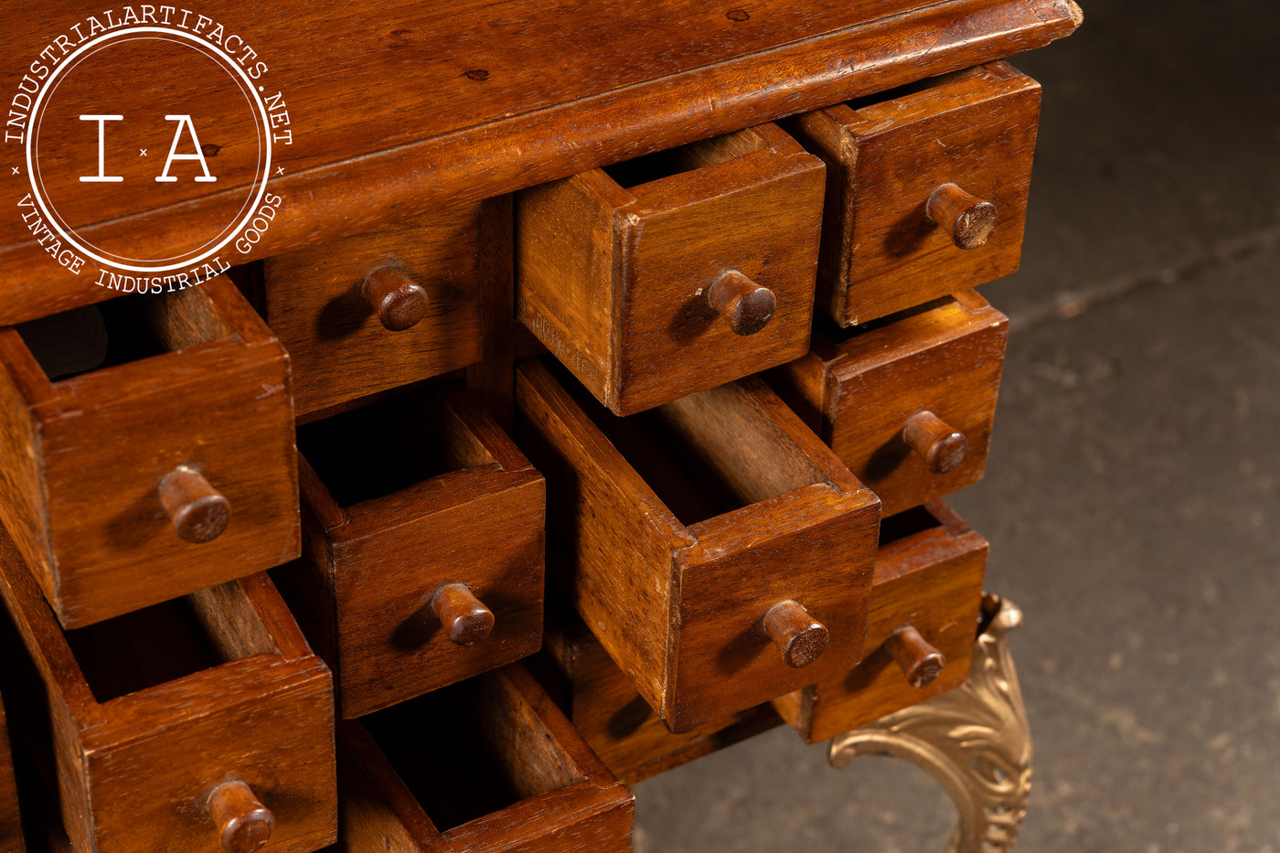 Early 20th Century 18-Drawer Apothecary Cabinet on Cabriole Brass Stand