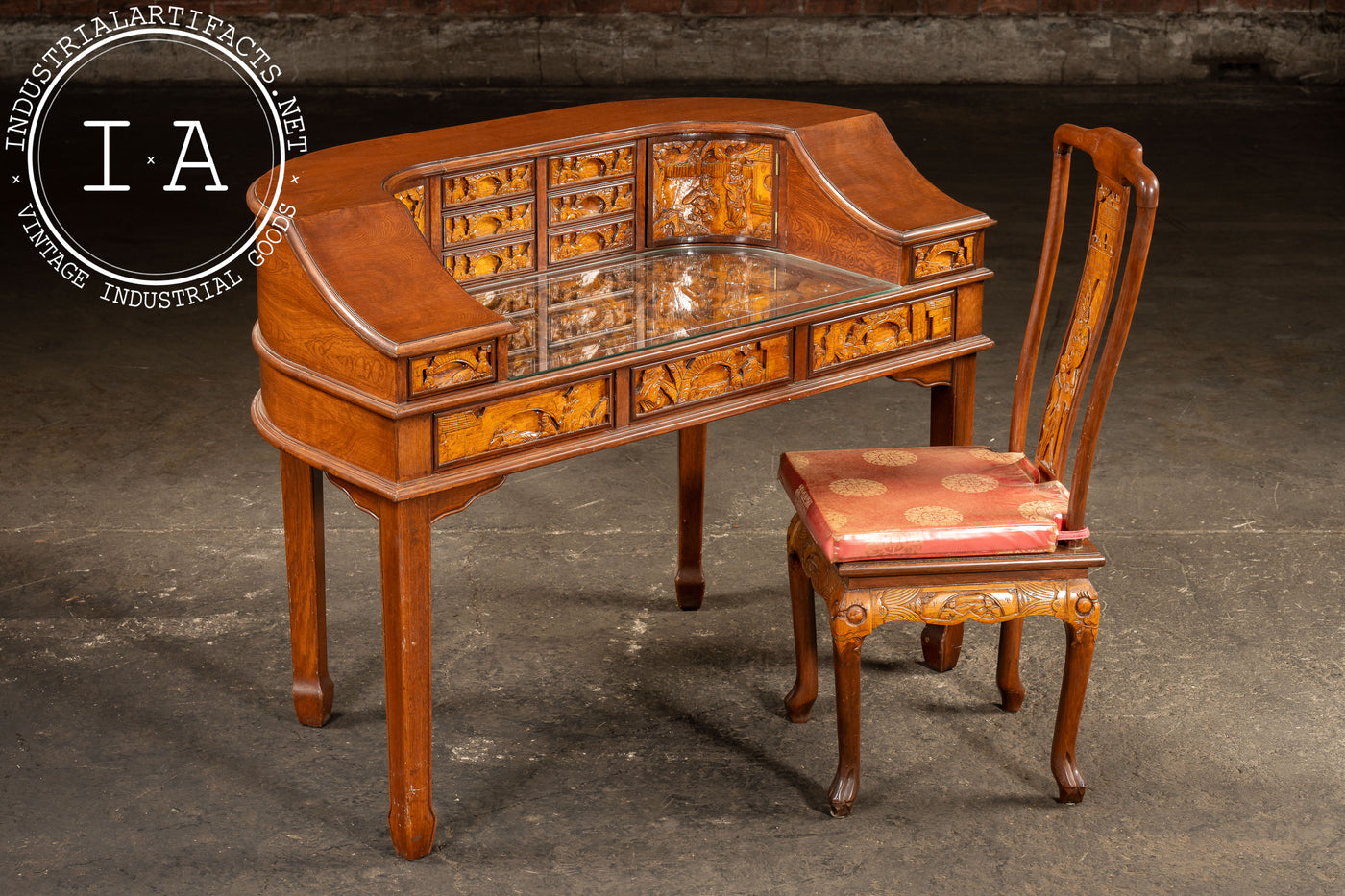 Antique Hand-Carved Chinese Scholar's Writing Desk and Chair Set