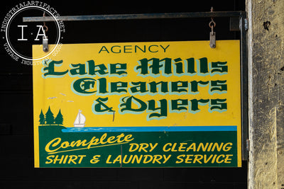 Vintage Lake Mills Cleaners Painted Tin Sign on Bracket