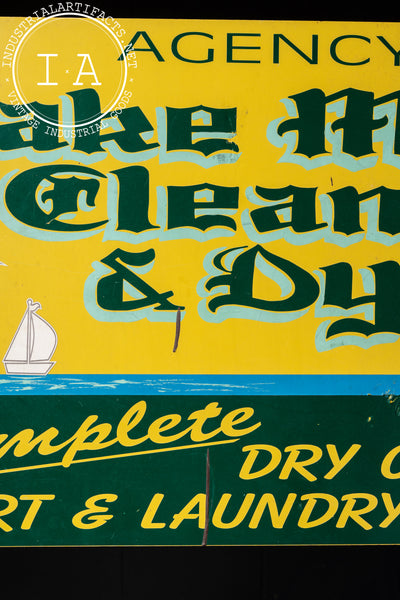 Vintage Lake Mills Cleaners Painted Tin Sign on Bracket