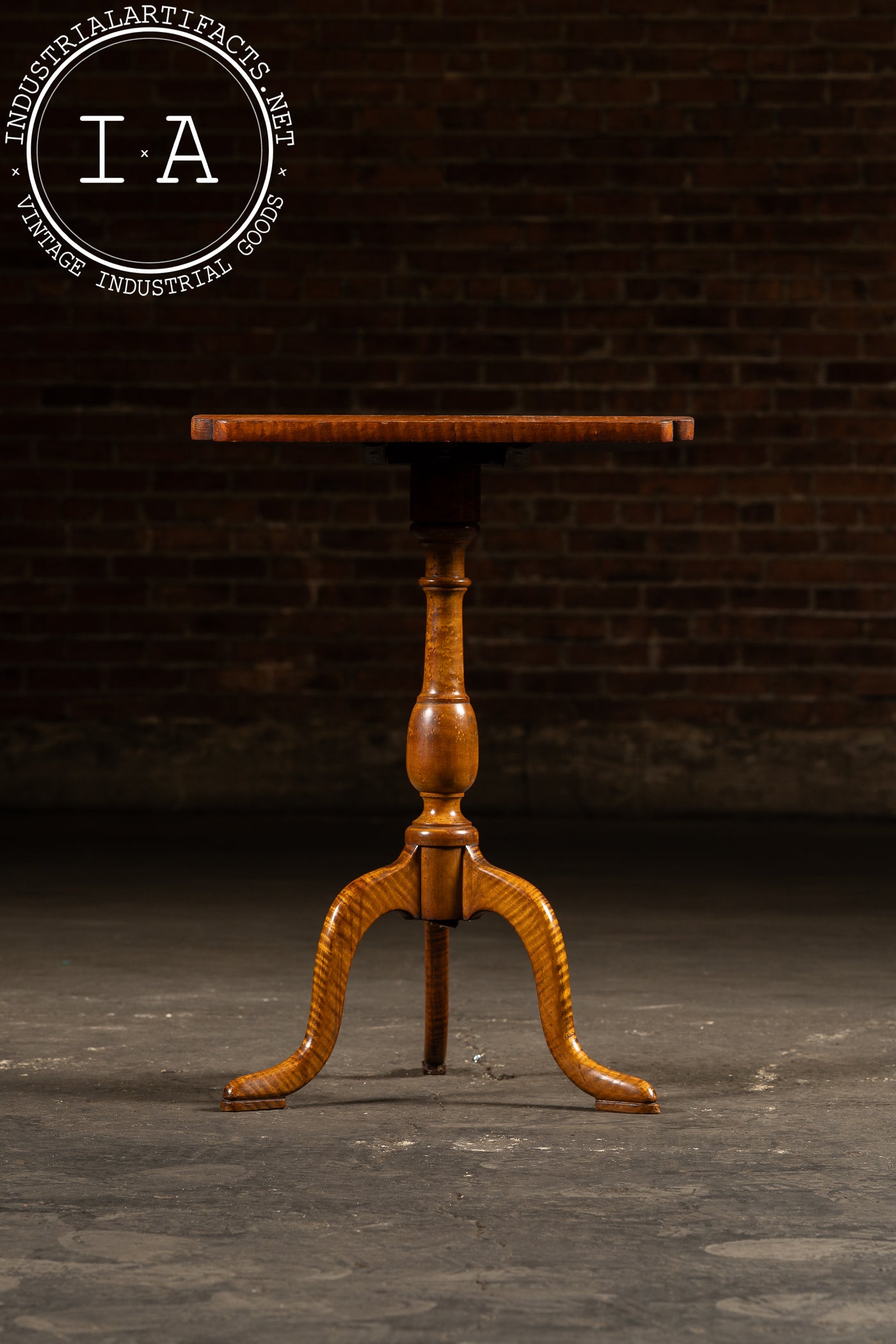 Antique Flamed Maple Tilt-Top Table on Tripod Base with Tiger Grain