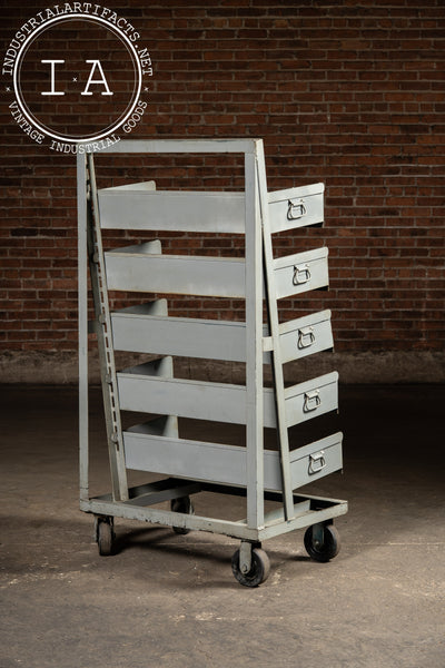 Vintage Gray Industrial Tilt-Bin Cart with Five Adjustable Drawers on Casters