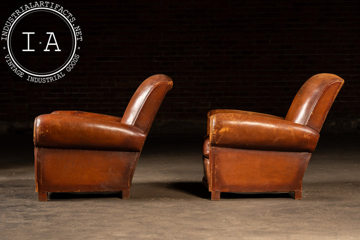 Pair of Antique French Leather Club Chairs in Tobacco – Industrial