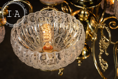 Vintage Brass Chandelier with Etched Glass Shades