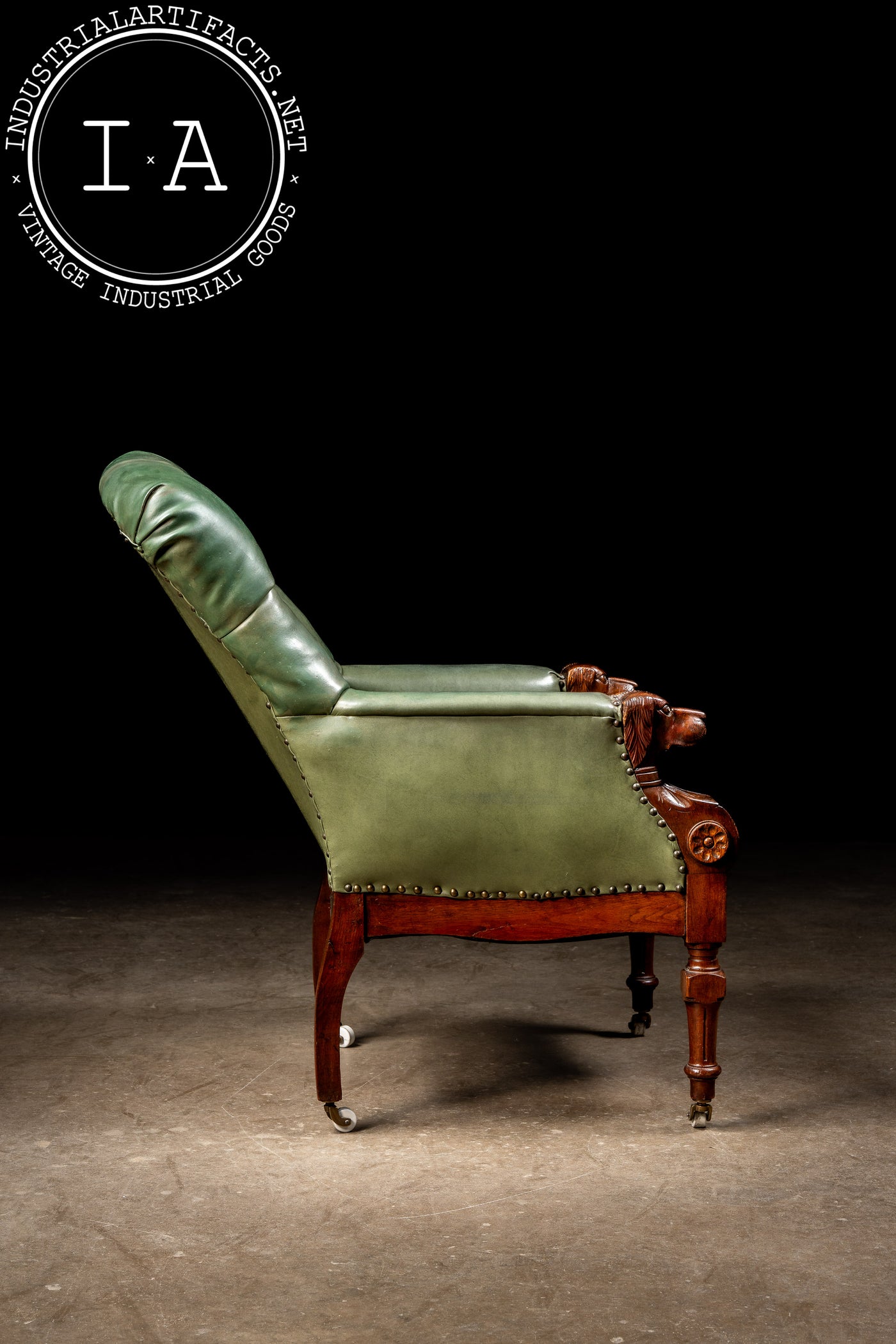 Antique Tufted Leather Lounge Armchair with Carved Dog Accents in Green