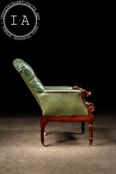 Antique Tufted Leather Lounge Armchair with Carved Dog Accents in Green