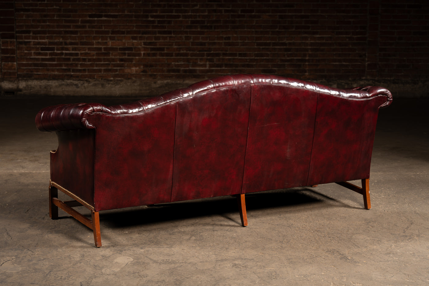 Vintage Chippendale-Style Camelback Chesterfield Leather Sofa in Oxblood