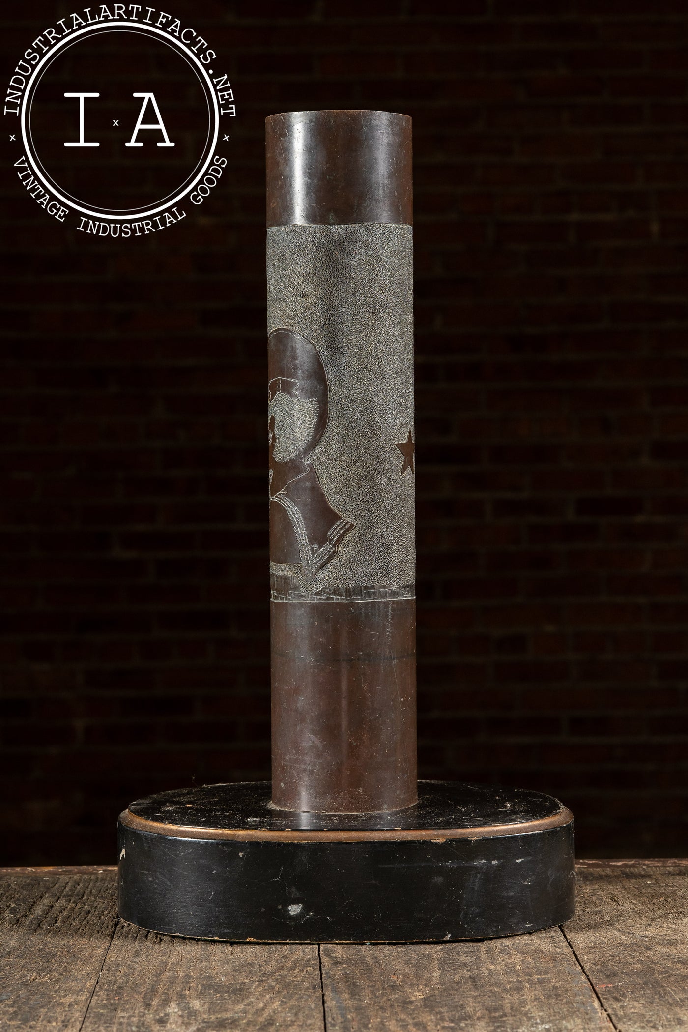 WWI-Era Engraved Trench Art Shell Casing Vase on Base