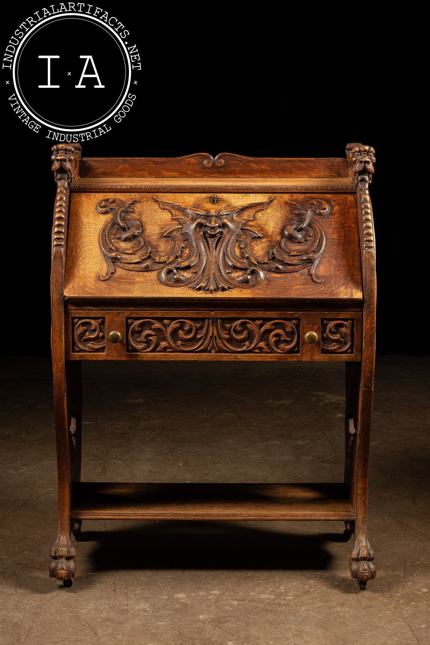 Late 19th Century Oak Green Man Slant-Lid Desk