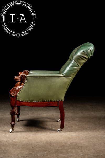 Antique Tufted Leather Lounge Armchair with Carved Dog Accents in Green