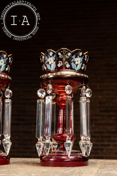 Pair of 19th Century Bohemian Ruby Glass Mantle Lusters with Prisms