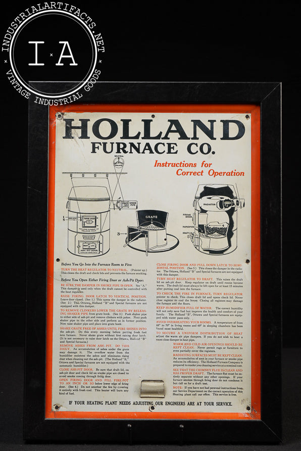 Framed Holland Furnace Co. Instructional Tin Sign
