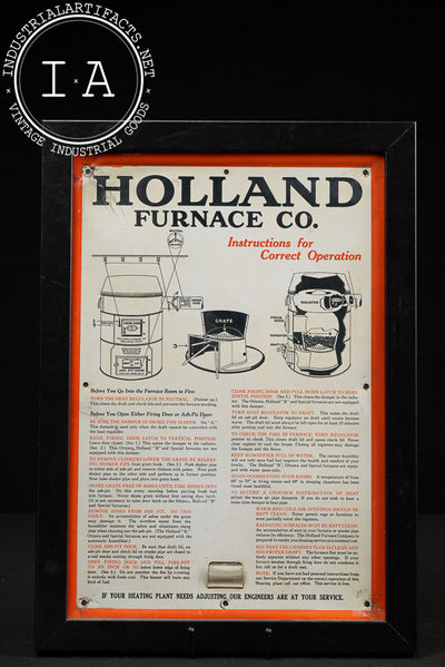 Framed Holland Furnace Co. Instructional Tin Sign