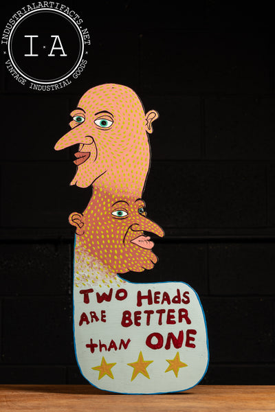 "Two Heads Are Better Than One" Surrealist Folk Art Piece, Acrylic on Board, Signed