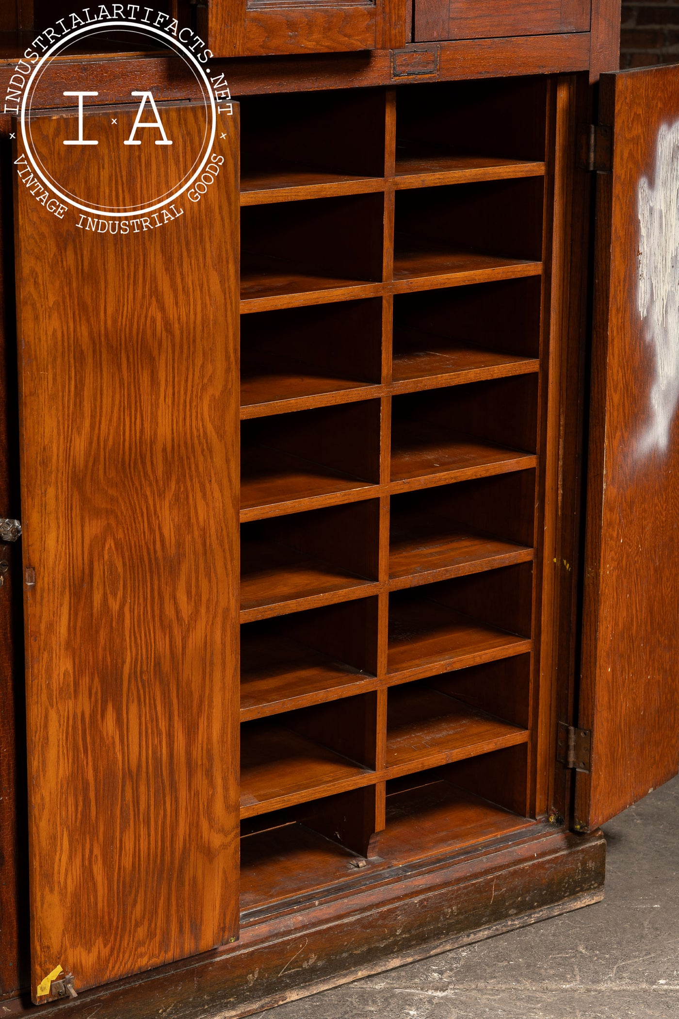 Antique Massive Oak Cabinet with Glass Doors and Interior Cubbies