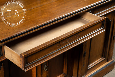 Victorian Gothic Revival Oak Sideboard Hutch with Leaded Glass Doors