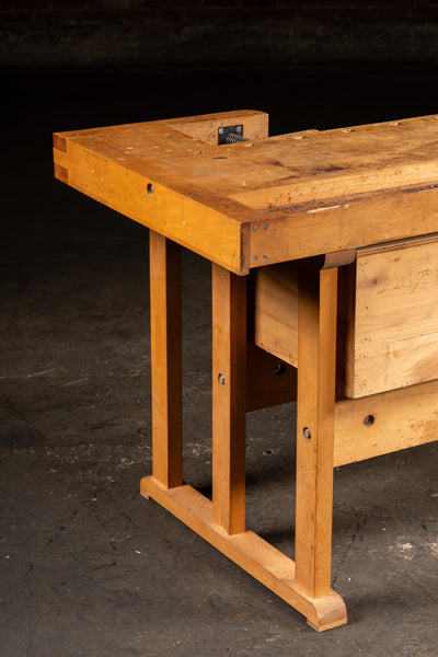 Mid-Century Maple Woodworking Bench with Dual Vises and Cabinet Storage