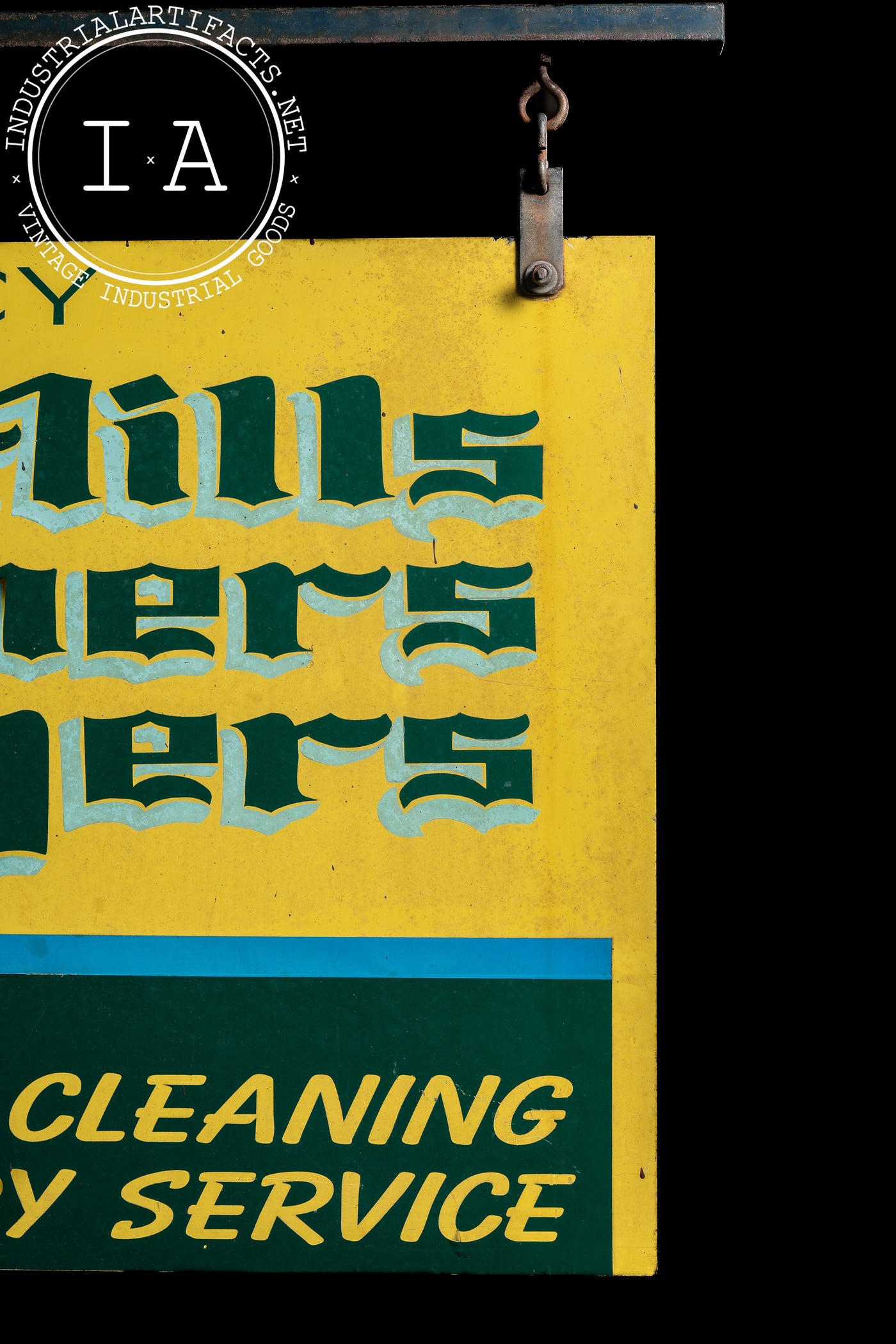 Vintage Lake Mills Cleaners Painted Tin Sign on Bracket