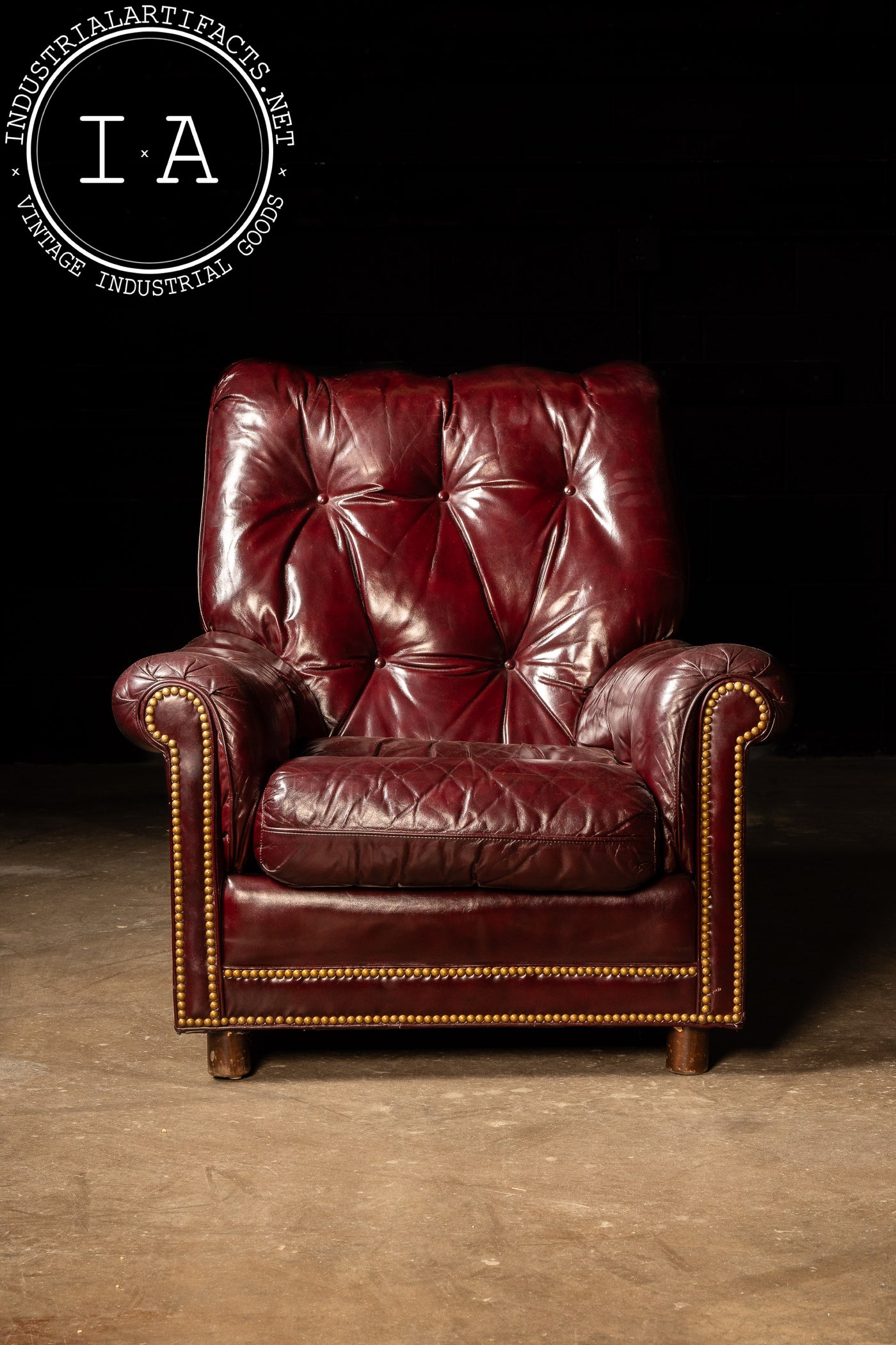 Vintage Tufted Armchair and Ottoman Set in Burgundy