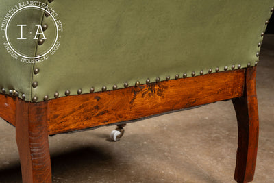 Antique Tufted Leather Lounge Armchair with Carved Dog Accents in Green