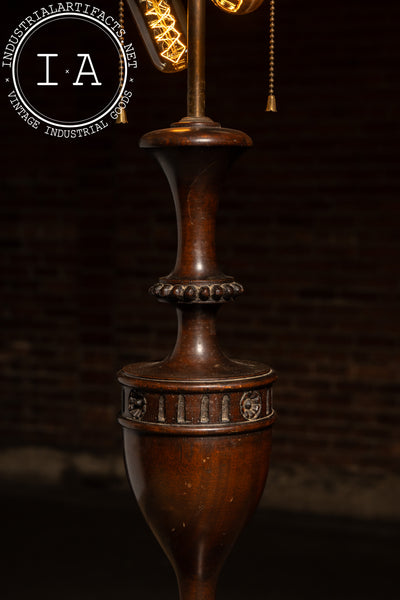 Antique Wooden Table Lamp with Brass Double Socket