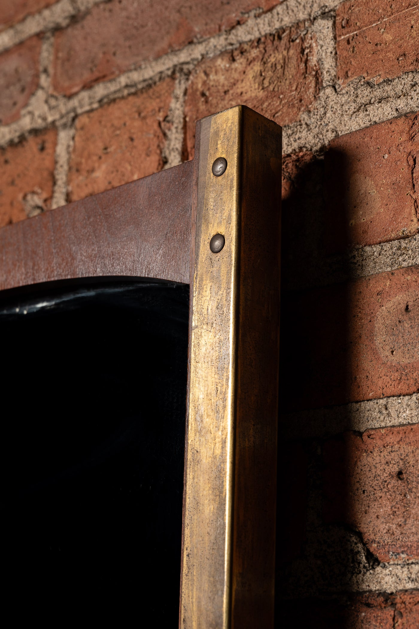 Antique Machine Age Brass and Wood Framed Mirror