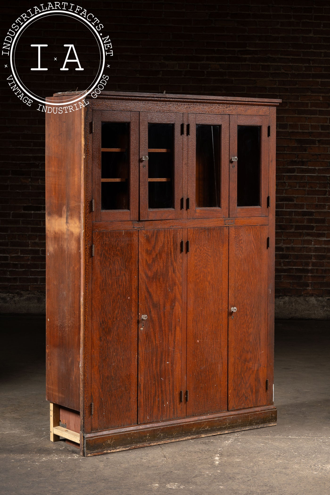 Antique Massive Oak Cabinet with Glass Doors and Interior Cubbies