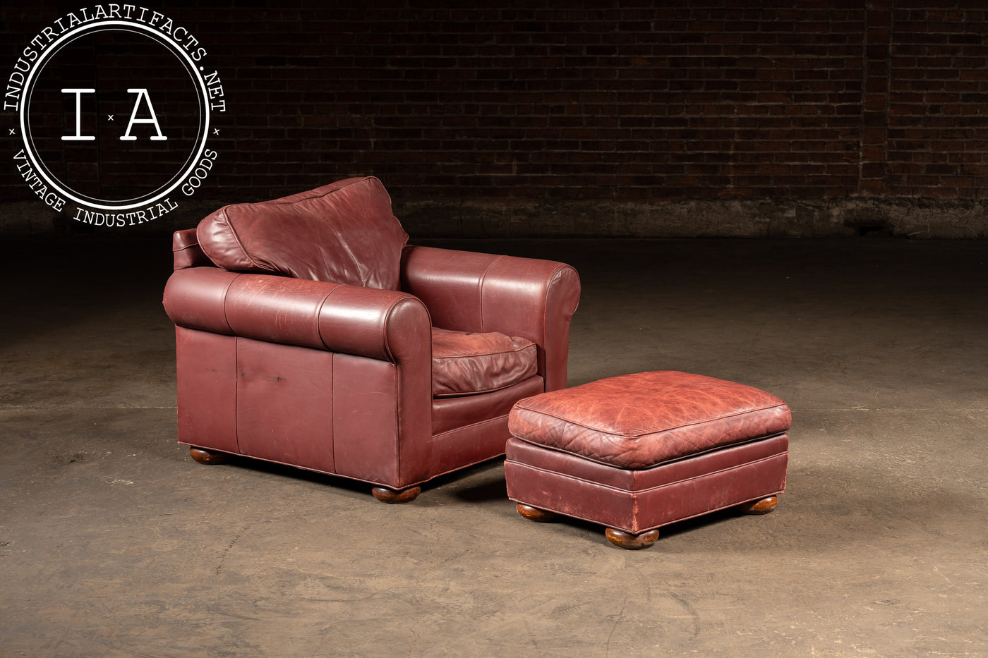 Red Leather Armchair with Ottoman