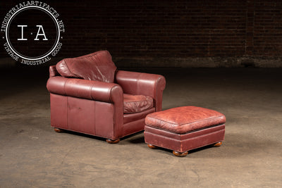Red Leather Armchair with Ottoman