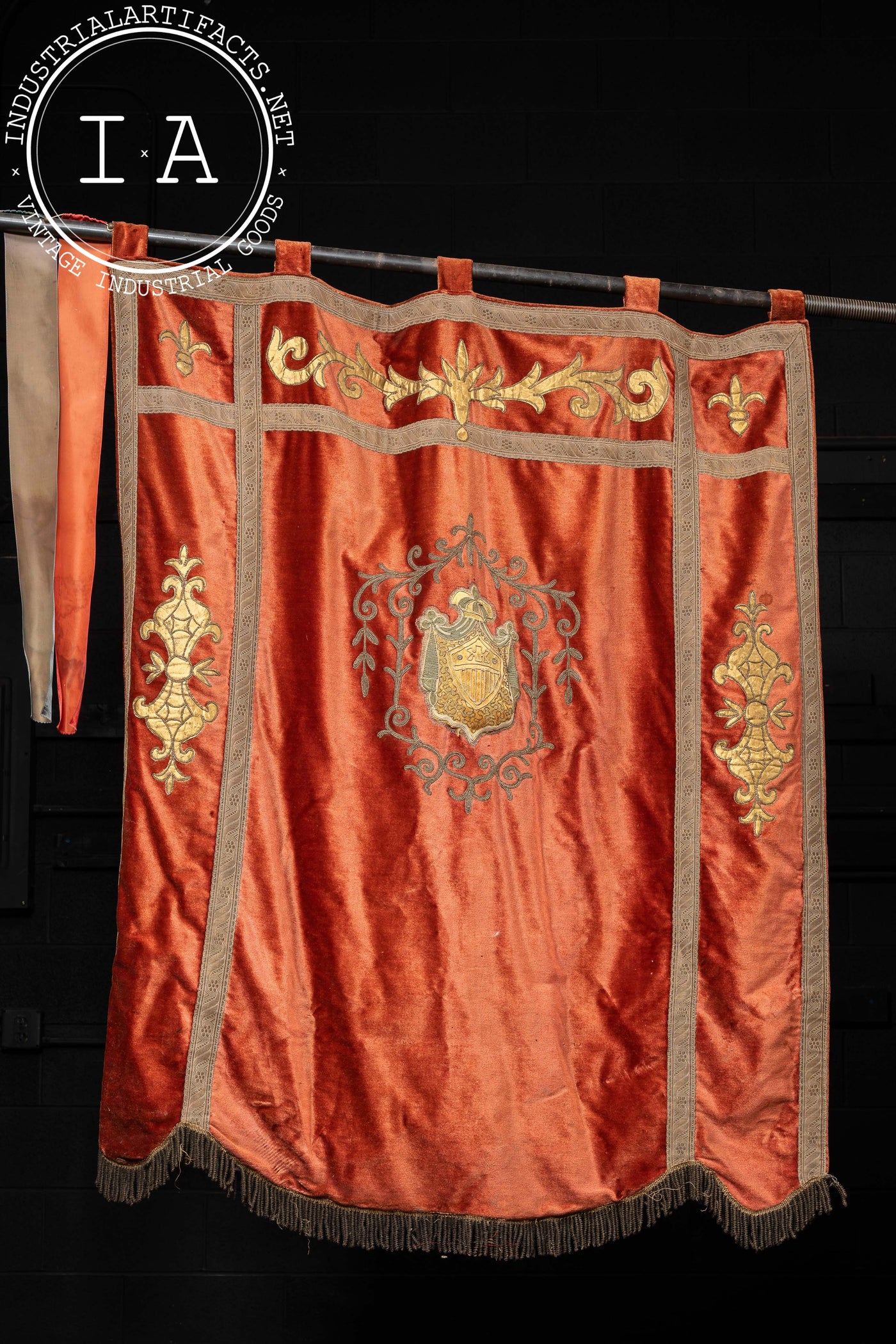 Antique Ceremonial English Silk Heraldic Flag with Spear Mount