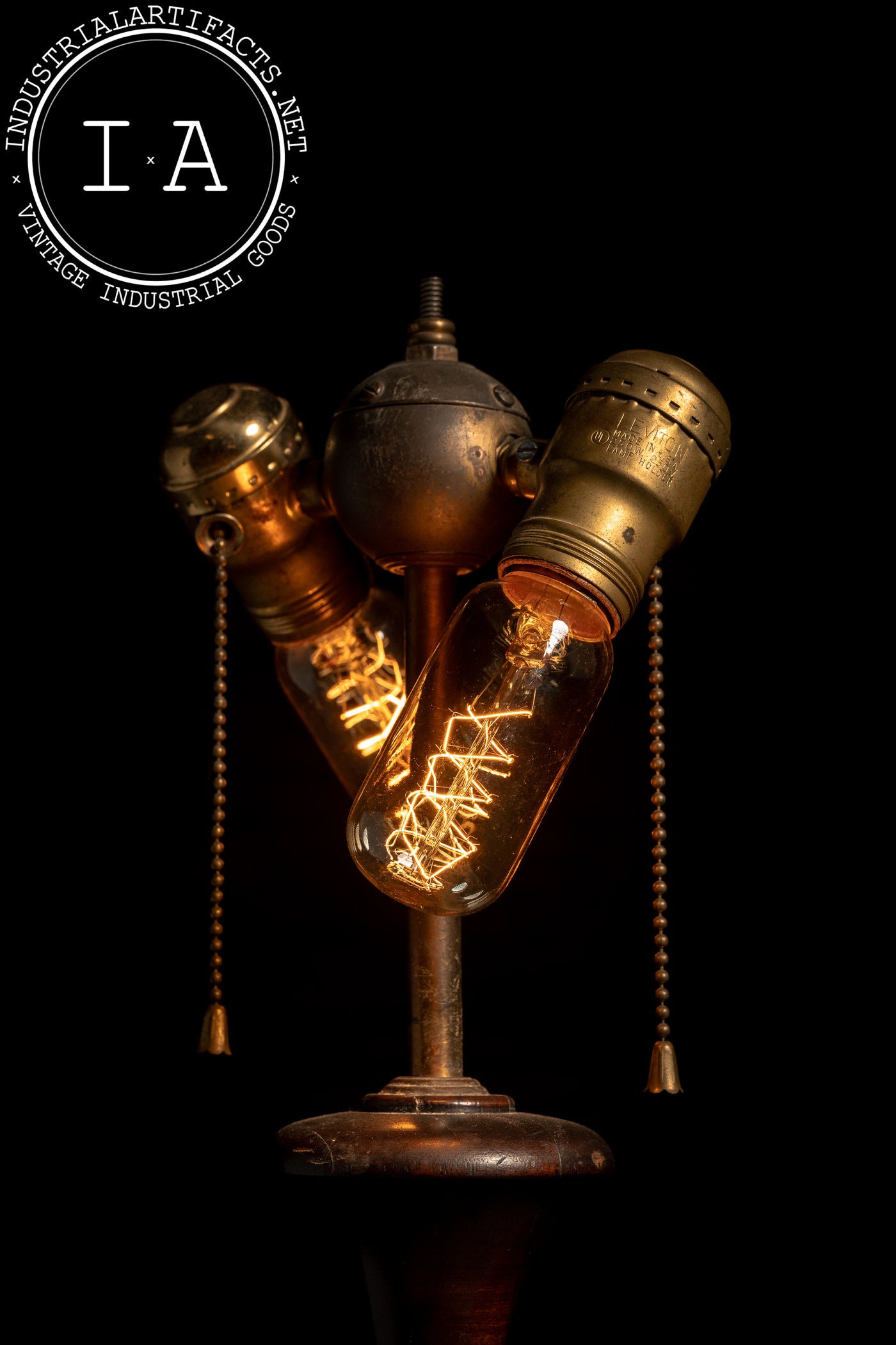 Antique Wooden Table Lamp with Brass Double Socket